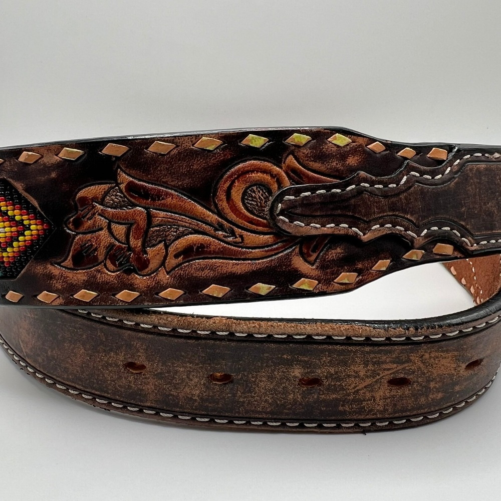 3D Men's Tooled Leather Western Belt Sz 32 – Floral Beaded Silver Buckle Rodeo - Picture 6 of 7